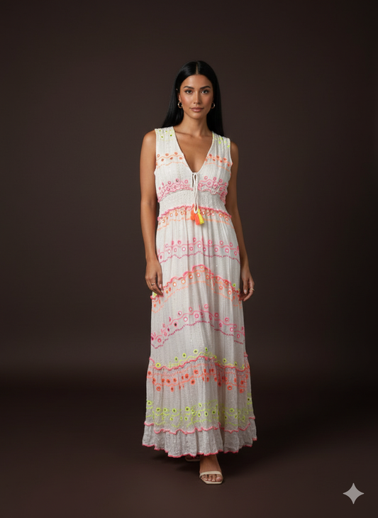 Maxi-jurk voor dames met neonkleurige borduursels (maat 38-42)
