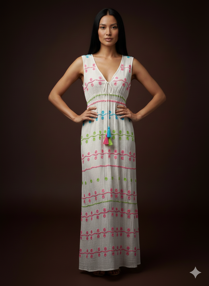 Damenkleid Maxikleid mit Neon-Stickereien (38-42)