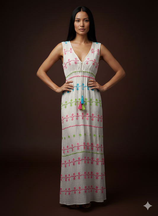 Damenkleid Maxikleid mit Neon-Stickereien (38-42)