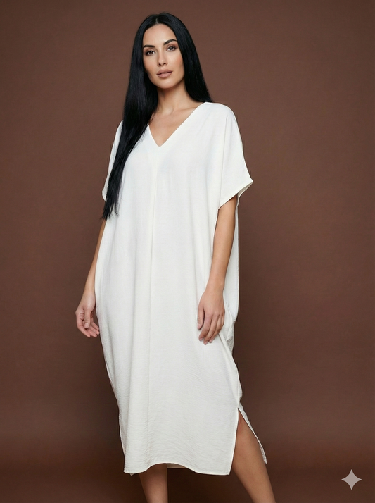 Witte kaftanjurk voor dames – luchtige midi-jurk met V-hals (maat 38-42)