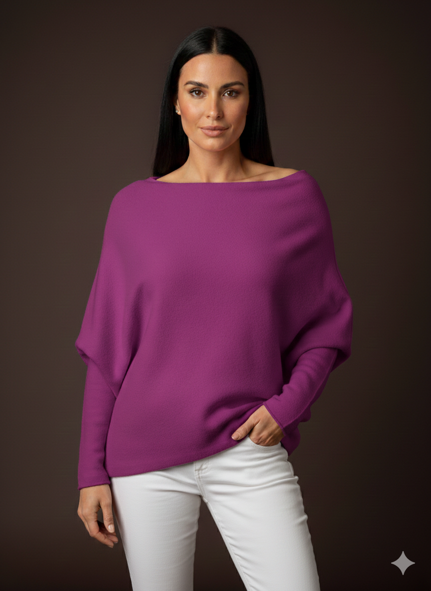 Damestrui, gebreide trui, off-shoulder, asymmetrisch (34-38)