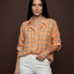 Oversized oranje geruite blouse voor dames – losvallende geruite blouse