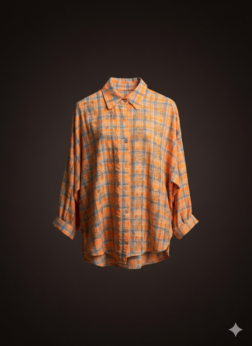 Oversized oranje geruite blouse voor dames – losvallende geruite blouse