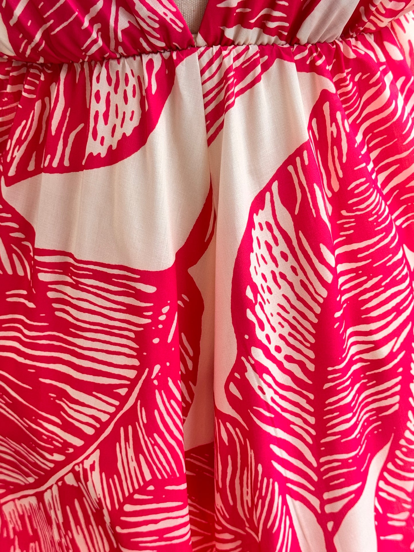 Women's Pink and White Summer Dress - Maxi Dress with Leaf Print & Cut-Out Back (Sizes 38–42) Cotton Boho Dress