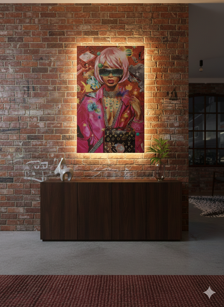 Kunstposter met glas – Moderne wanddecoratie van een vrouw in roze, 80 × 120 cm