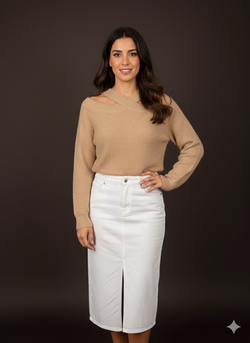 Damestrui, gebreide trui, off-shoulder model