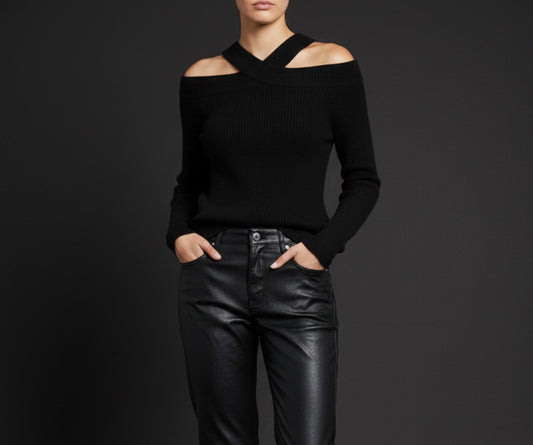 Damestrui, gebreide trui, off-shoulder in zwart