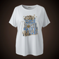 Dames T-shirt voor vrouwen met rondingen, wit met print van een koffer in blauw en beige – katoenen shirt voor maten 40-50