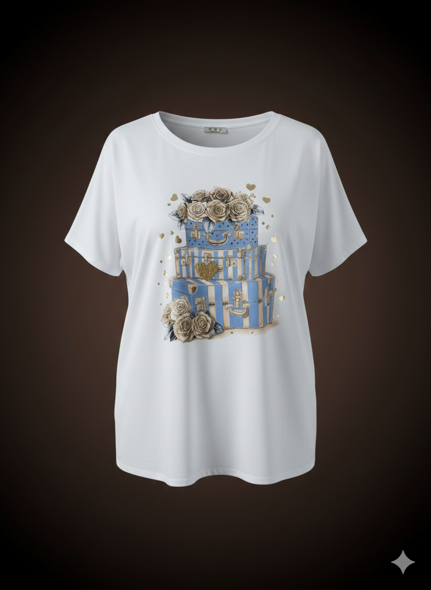 Dames T-shirt voor vrouwen met rondingen, wit met print van een koffer in blauw en beige – katoenen shirt voor maten 40-50