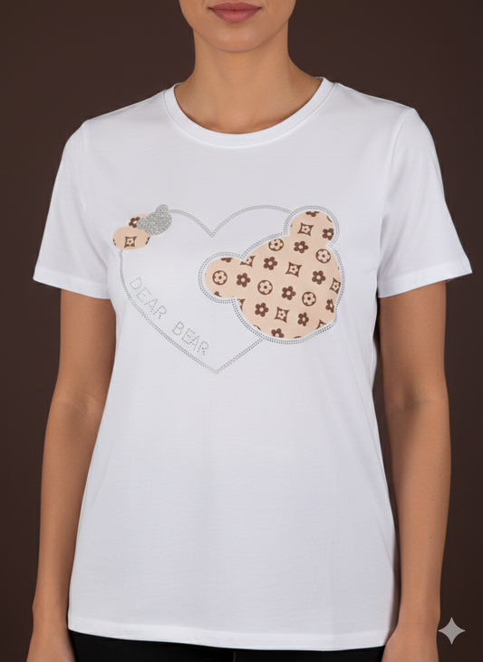 Damen T-Shirt Kurzarm Baumwollshirt in Weiss mit Motiv Bär Beige (38-42)