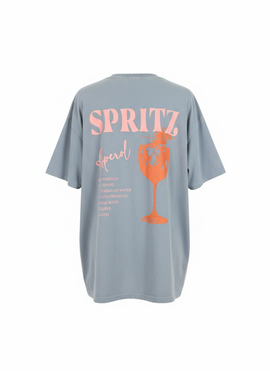 Damen T-Shirt Hellblau Spritz Aperol Print | Oversize 38–42 | Sommer Shirt mit Cocktail Rezept Rückenprint