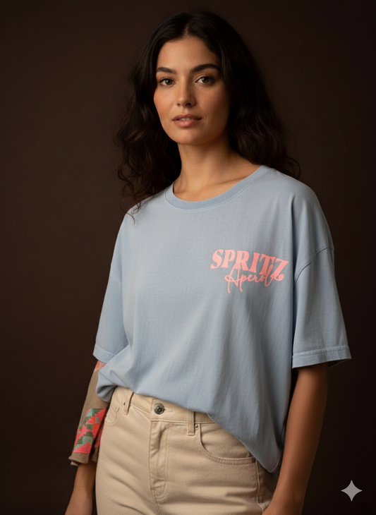 Damen T-Shirt Baumwollshirt mit Motiv Aperol Spritz in Hellblau