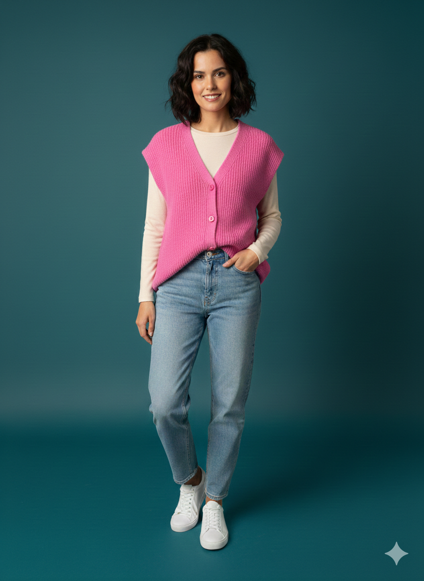 Gebreid damesvest in roze, mouwloze gebreide trui van mohair van JC Sophie