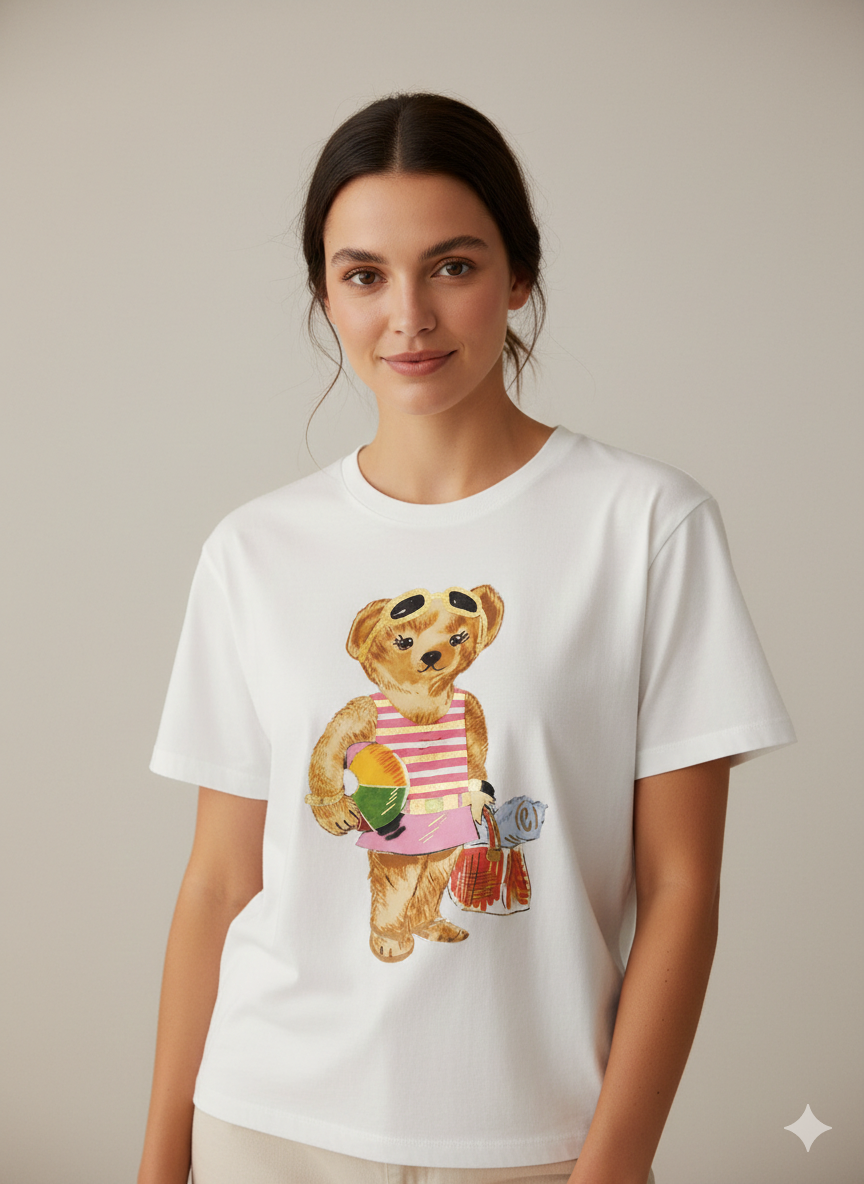 Damen T-Shirt Baumwollshirt in Weiss mit Bärenmotiv Strandgänger