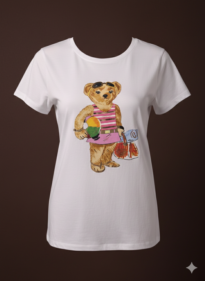 Damen T-Shirt Baumwollshirt in Weiss mit Bärenmotiv Strandgänger