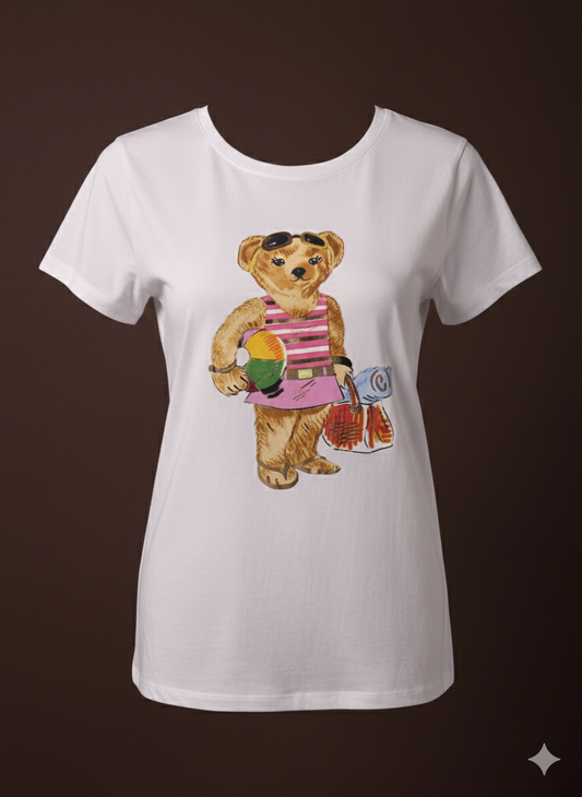 Damen T-Shirt Baumwollshirt in Weiss mit Bärenmotiv Strandgänger