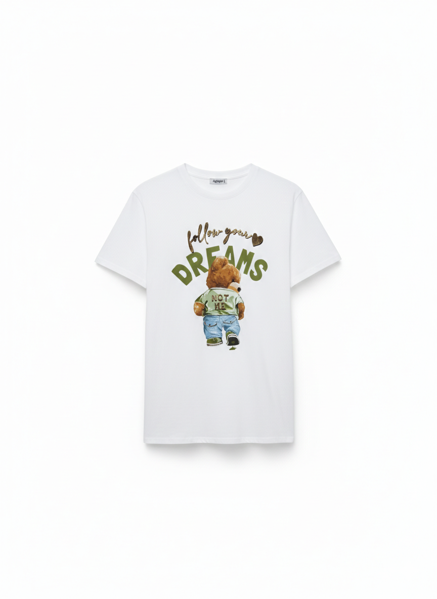 Damen T-Shirt in weiss Baumwollshirt Kurzarm mit Bärenmotiv in Grün