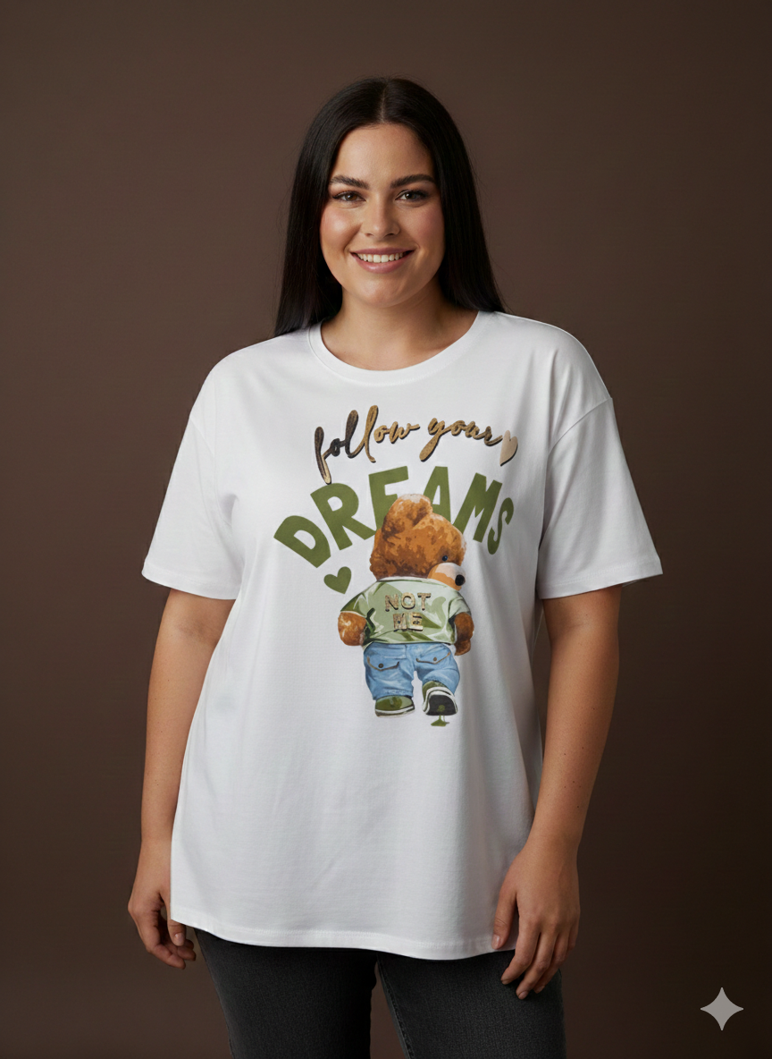 Damen T-Shirt in weiss Baumwollshirt Kurzarm mit Bärenmotiv in Grün