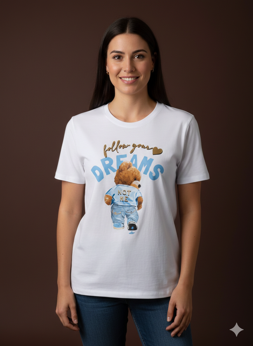 Damen T-Shirt Baumwollshirt Kurzarm mit Print Bär in Hellblau