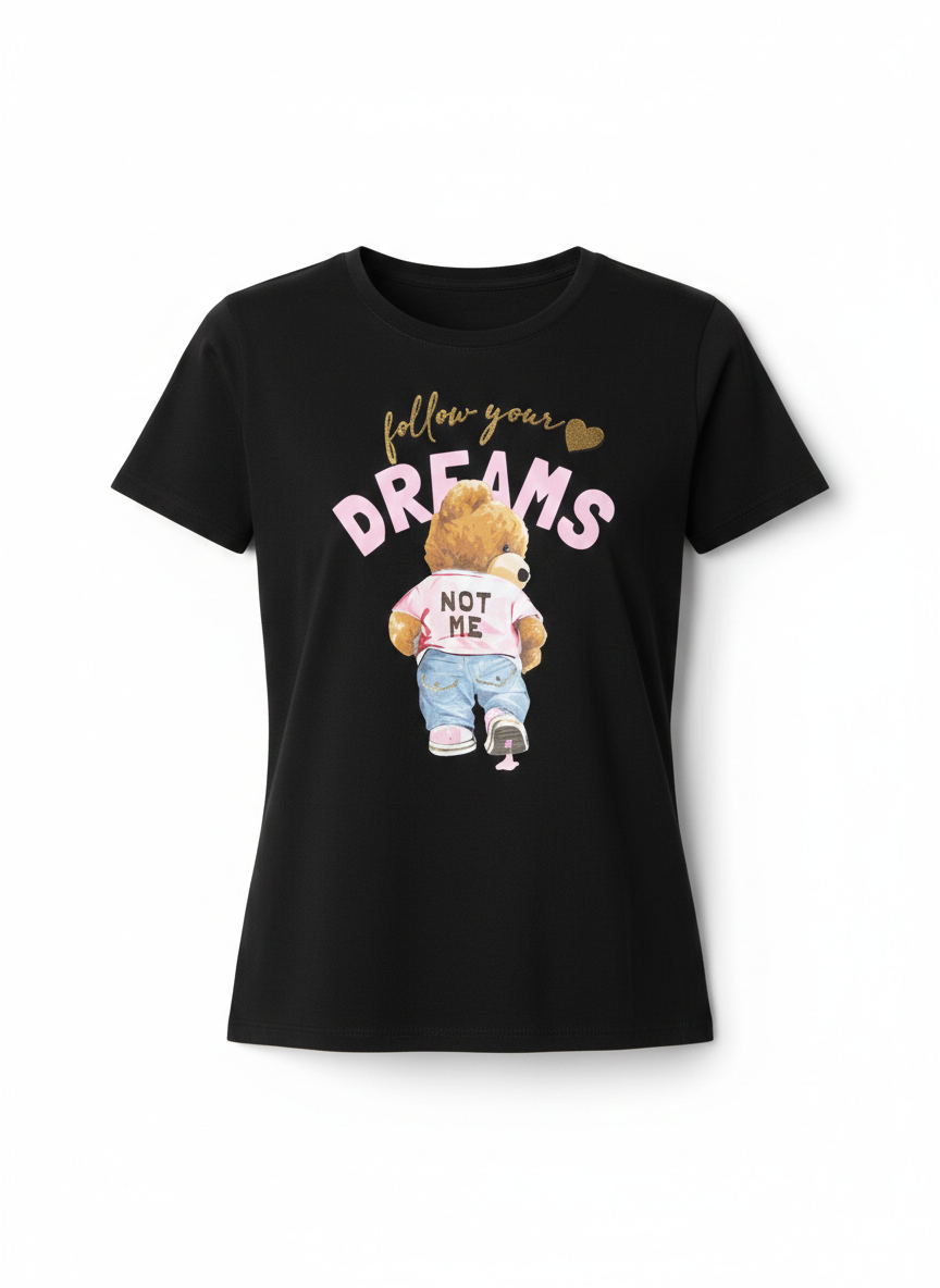 Damen T-Shirt Schwarz mit Bärmotiv Baumwollshirt Pink