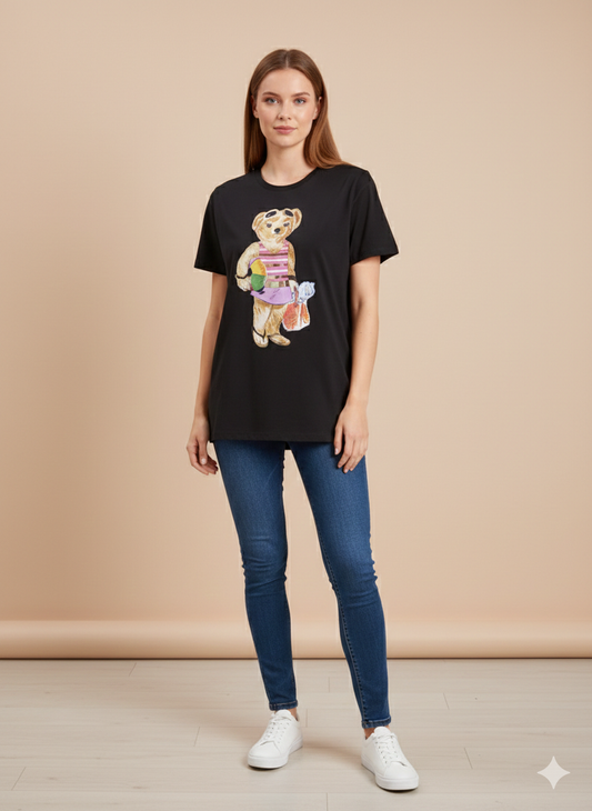 Damen T-Shirt Baumwollshirt in Schwarz mit Motiv Bären zum Strand Badeanzug Sonnenbrille