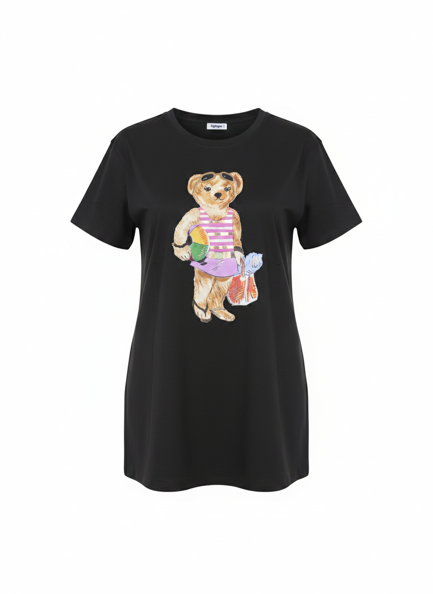 Damen T-Shirt Baumwollshirt in Schwarz mit Motiv Bären zum Strand Badeanzug Sonnenbrille