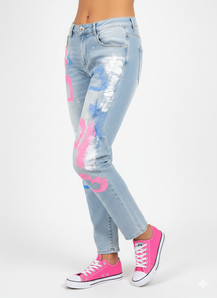 Damenjeans Jeanshosde mit pinken Herzen