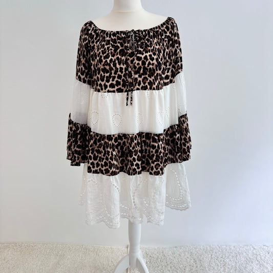 Boho-Chic Off-Shoulder Kleid mit Leopardenmuster und
