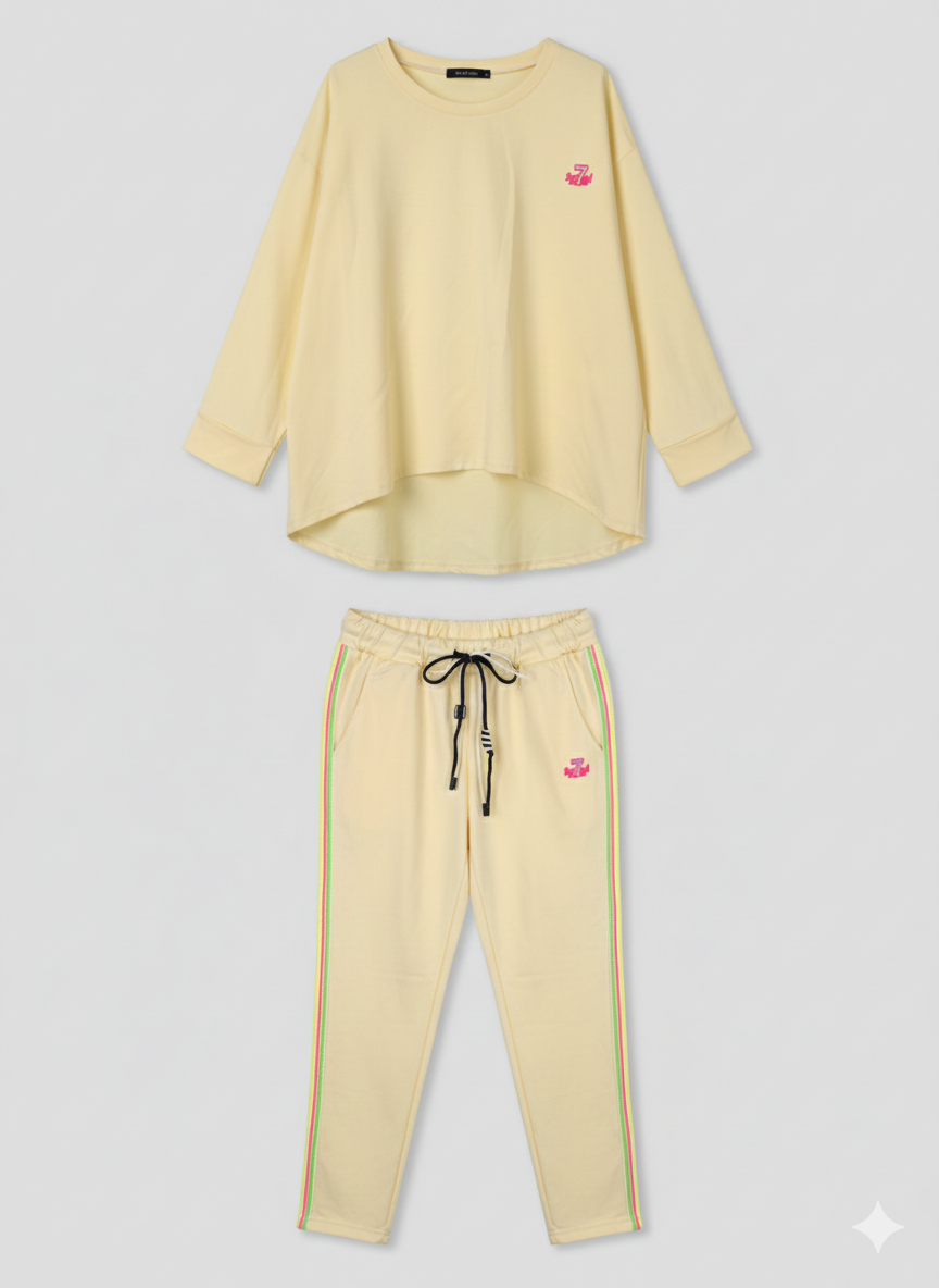 Dames tweedelige set/combinatie bestaande uit een broek en een lange blouse, verkrijgbaar in vele kleuren en maten 38-42+.