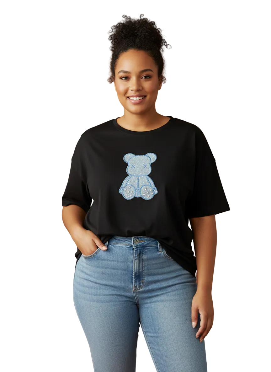 Curvy T-Shirt Teddy Glam Weiß | Damen Shirt mit Strass-Bärchen | 40–48