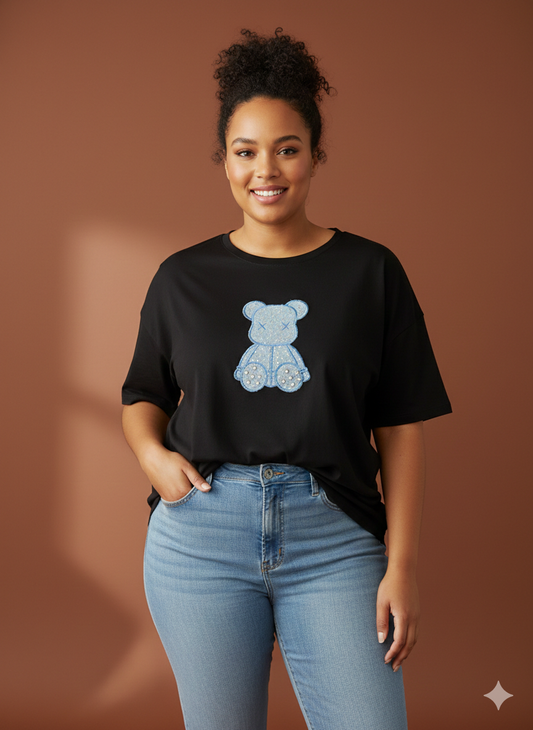 Dames T-shirt van katoen met rondingen, berenmotief en steentjes, maat 40-50