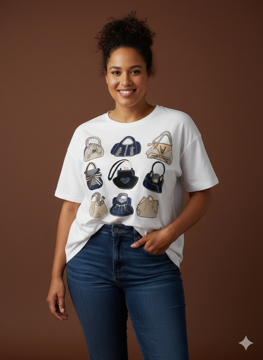 Damen Curvy T-Shirt Weiß mit Print Taschen– Baumwollshirt für Größen 40–50