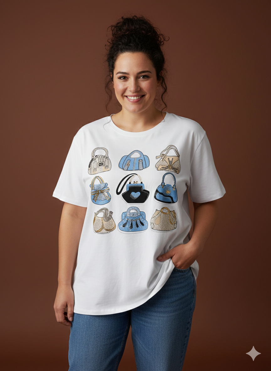 Dames T-shirt voor vrouwen met rondingen, wit met bedrukte zakken – katoenen shirt voor maten 40-50