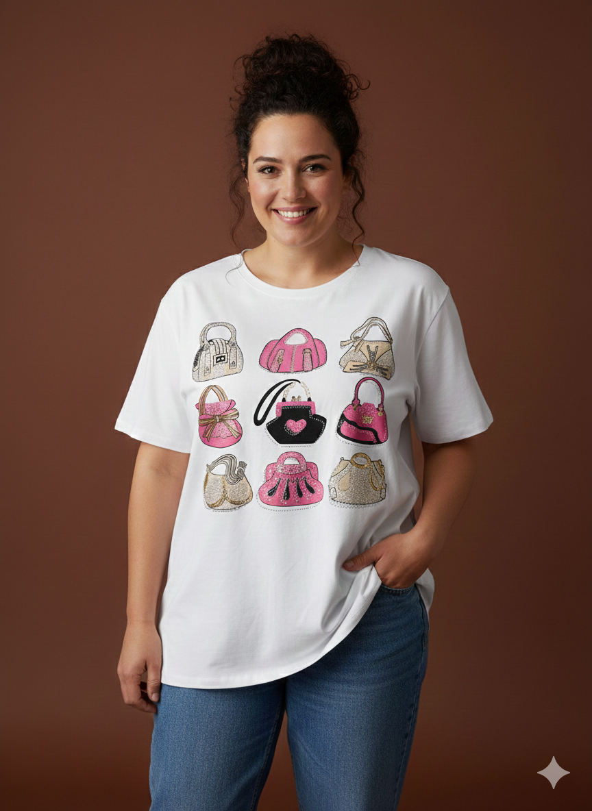 Dames T-shirt voor vrouwen met rondingen, wit met bedrukte zakken – katoenen shirt voor maten 40-50