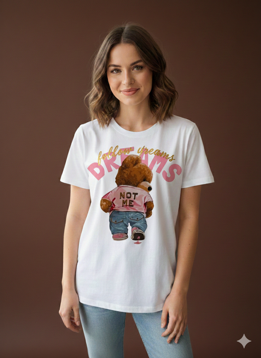 Damen T-shirt weiß mit frechen "Follow your Dreams - NOT ME" Print Pink