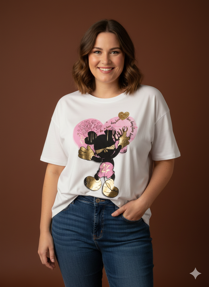 Wit dames T-shirt met ronde vormen en Mickey Mouse-print in blauw en roze, maten 40-50