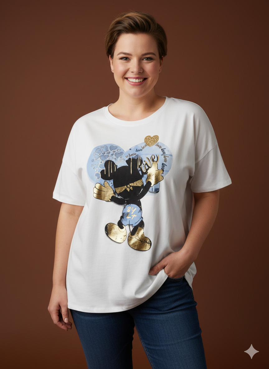 Wit dames T-shirt met ronde vormen en Mickey Mouse-print in blauw en roze, maten 40-50