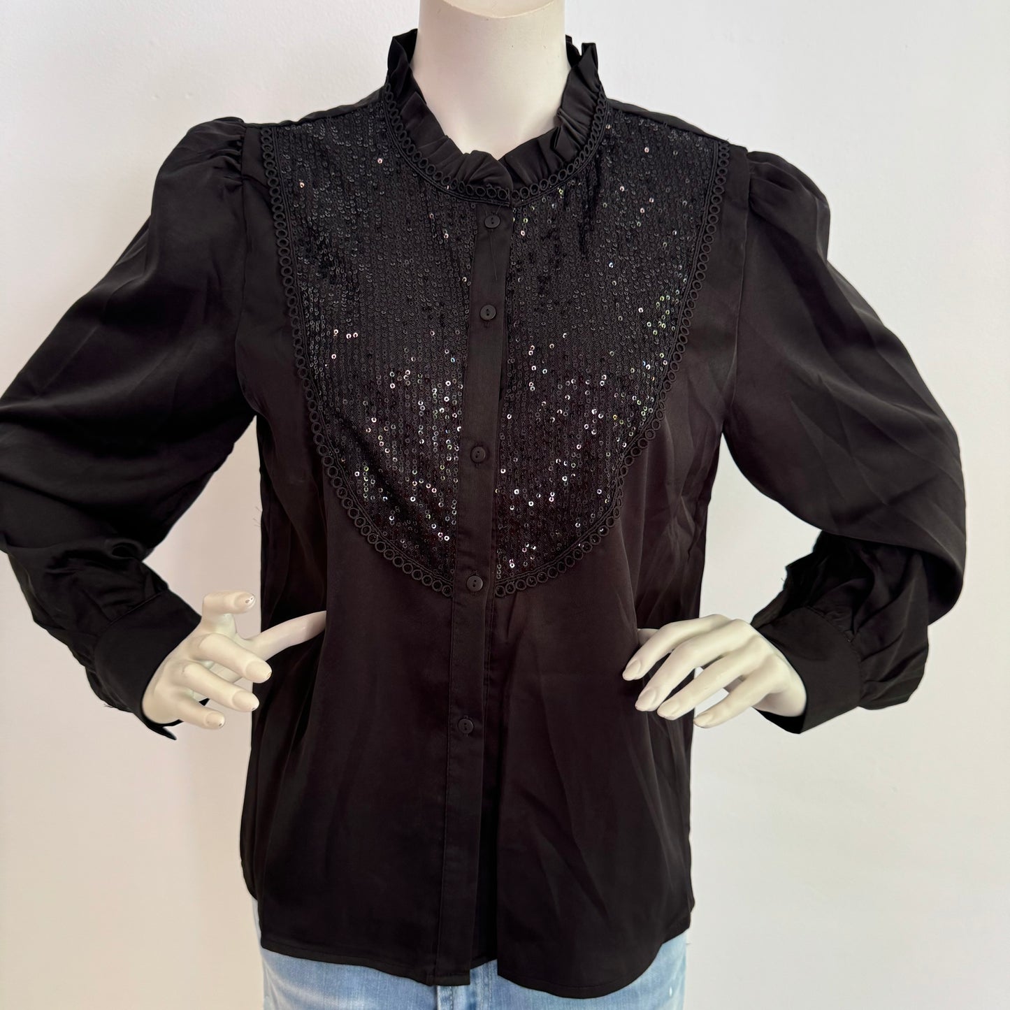 Bluse Schwarz Pailletten-Glanz