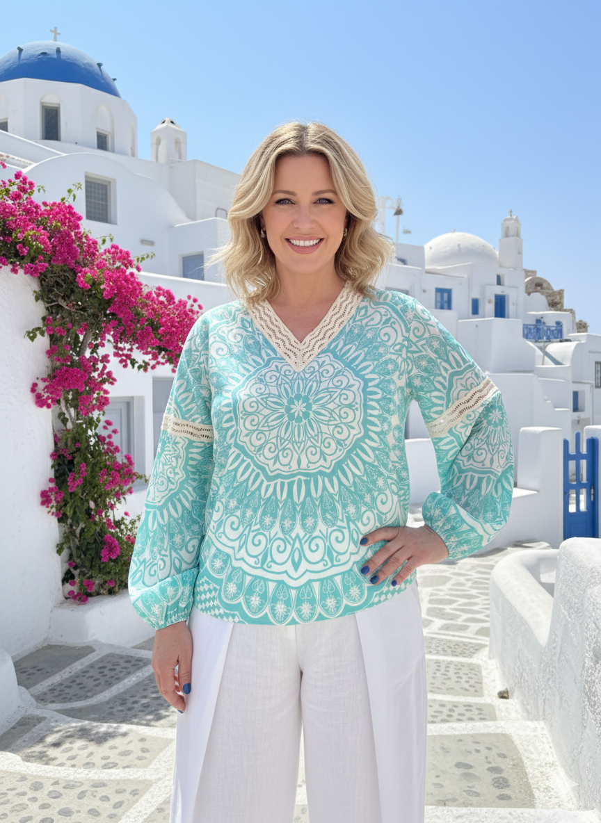 Hippie Hippie Damen Bluse Tunika mit Mandala-Print – Türkis, Baumwolle & Viskose