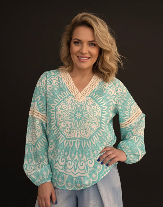 Damestuniekblouse met lange mouwen en mandala-print van Yippie Hippie