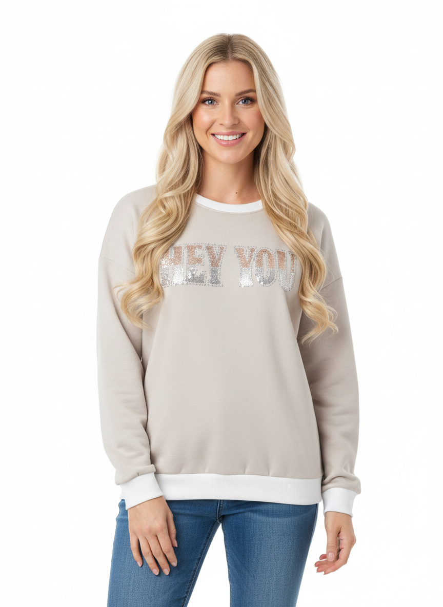 Damespullover, lange trui met "Hey You"-opdruk (maat 38-42)