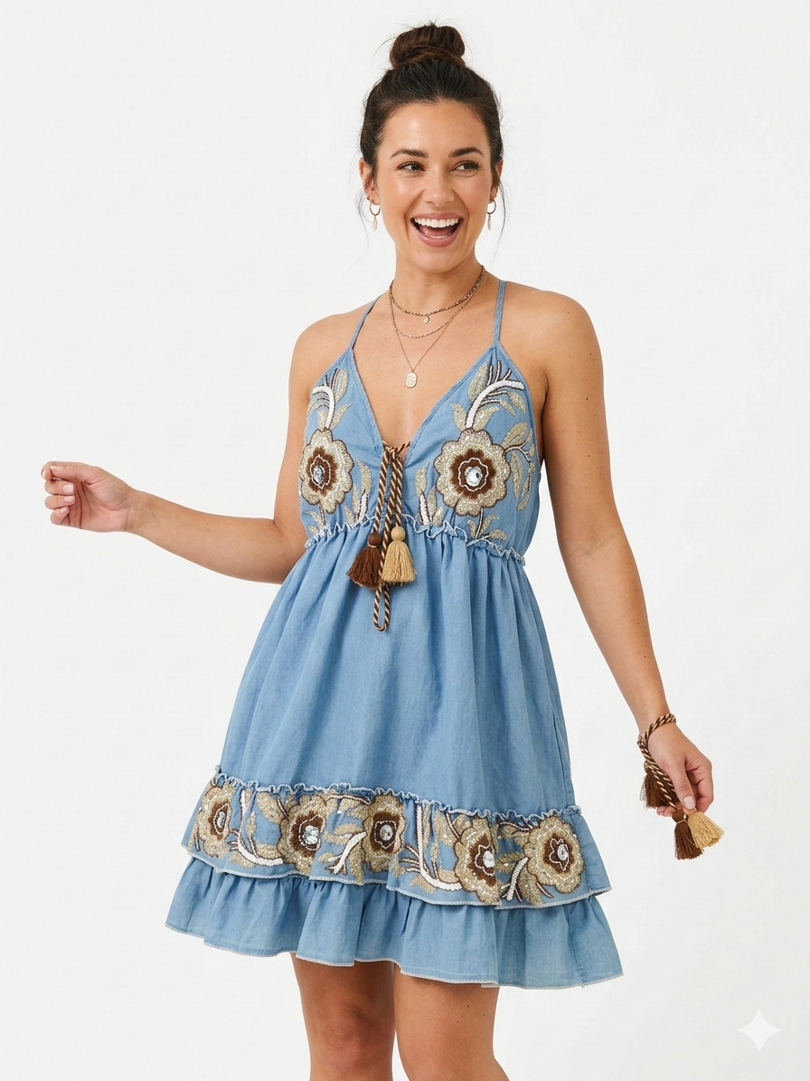 Boho Sommerkleid Damen Blau – Baumwollkleid mit Stickerei (Gr.38-42)