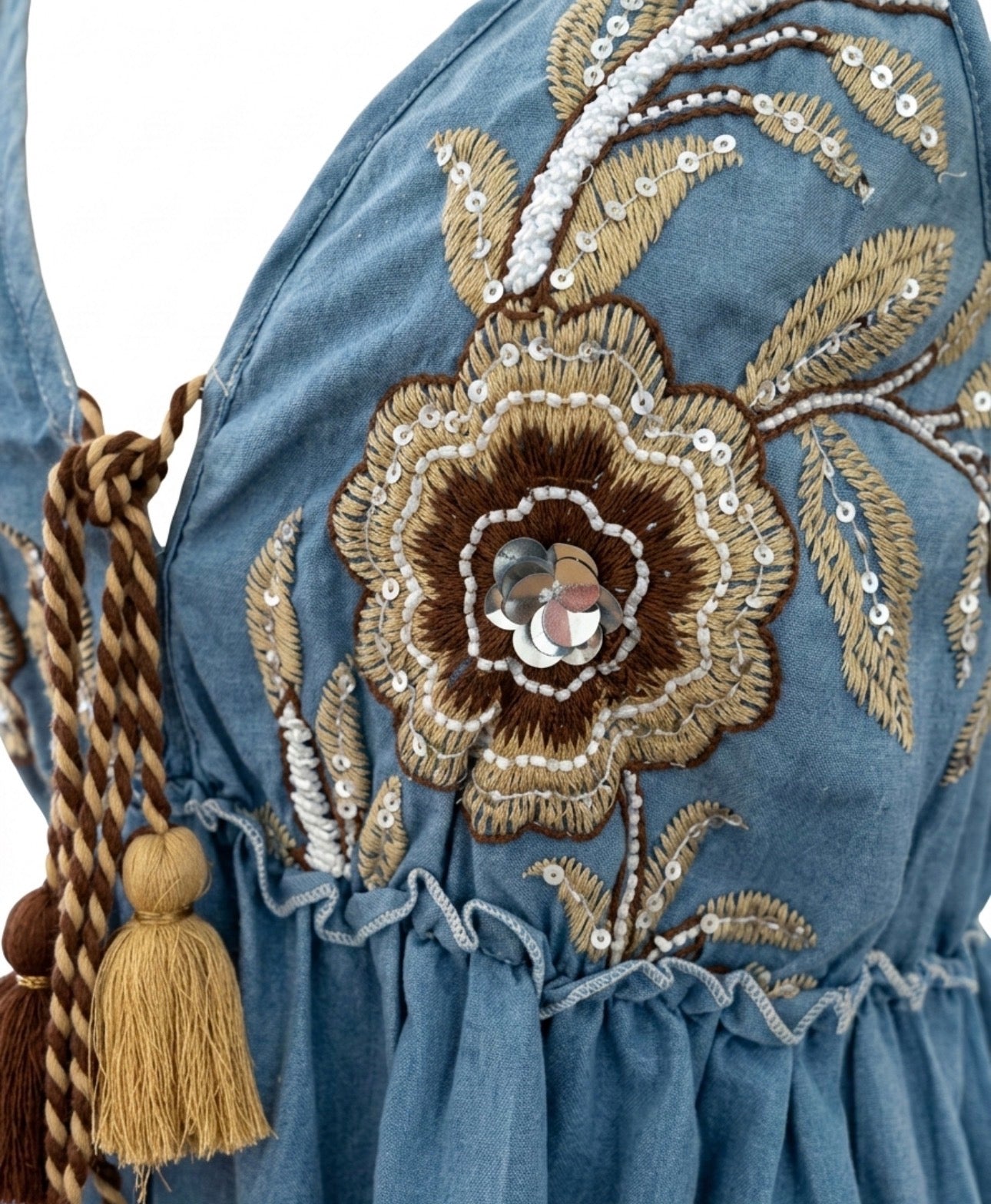 Boho Sommerkleid Damen Blau – Baumwollkleid mit Stickerei (Gr.38-42)