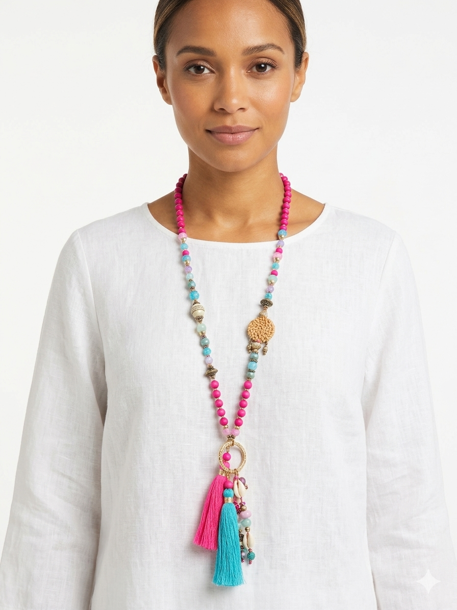 Boho Statement Halskette Damen Bunt – Lange Perlenkette mit Quasten & Anhänger | Sommer Schmuck