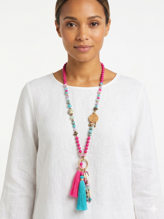 Boho Statement Halskette Damen Bunt – Lange Perlenkette mit Quasten & Anhänger | Sommer Schmuck