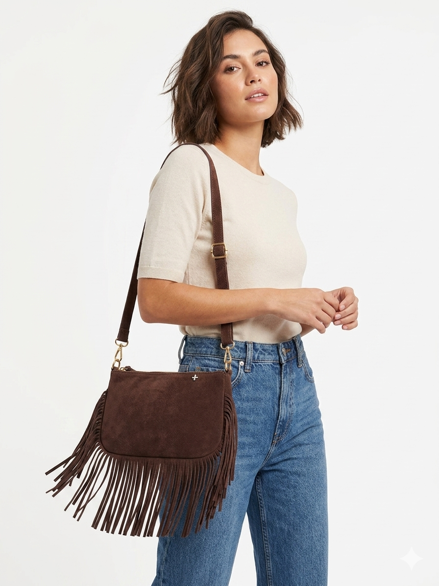 Boho Fransen Tasche Damen Wildlederoptik – Umhängetasche Beige & Dunkelbraun mit Schulterriemen | Boutique in Heaven
