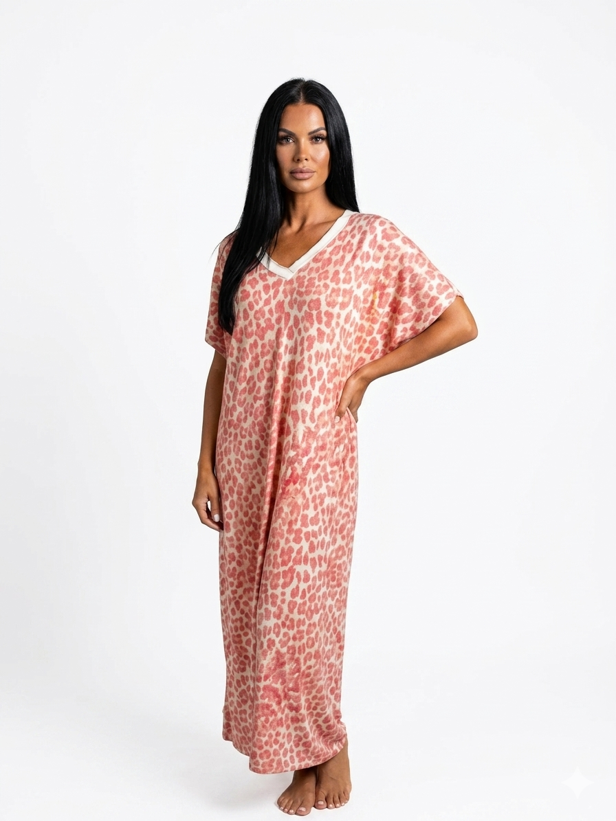 Boho Midikleid Leo Damen – Sommerkleid Leopard Print Rot-Beige | Viskose | Gr. 38–42