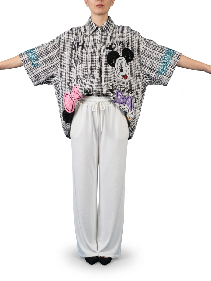 Oversize Damenbluse mit Statement-Print & Pailletten – 100% Baumwolle | Einheitsgröße 38–46 – Boutique in Heaven