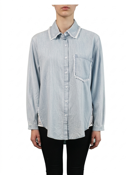 Oversize Jeanshemd Damen mit Spitze & Used-Look – 100% Baumwolle | Größe L/XL – Boutique in Heaven