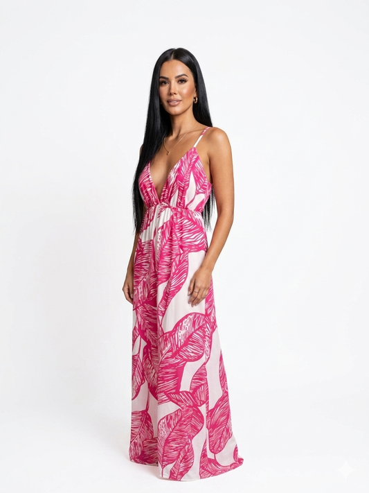 Sommerkleid Damen Pink Weiß – Maxikleid mit Blattmuster & Rückenausschnitt (Gr. 38–42) Baumwolle Boho Kleid